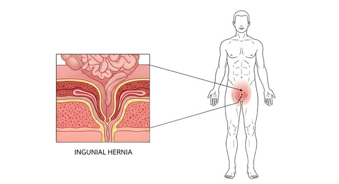 Inguinal hernia medical illustration showing anatomy details.