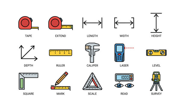 Measuring tools icons set with tape, ruler, caliper, laser, level, and more
