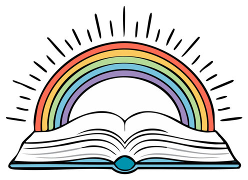 Open book with rainbow arching over it, illustration symbolizing knowledge and inspiration