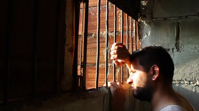 Portrait of a Latino prisoner approaching a cell window to watch the sunset inside a prison in Neiva, Huila, Colombia. Concept of frustration and loneliness