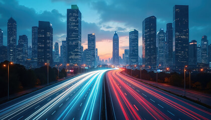 Fototapeta premium Modern city highway at dusk. Car light trails create abstract patterns on road. Tall skyscrapers form city skyline. Technology and speed concept.