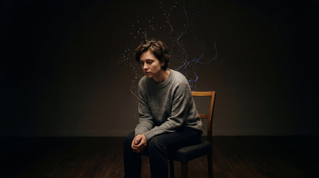 Person sits on a chair in a dark room with lights around their head while deep in thought