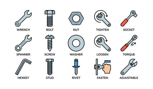 Mechanical tools and fasteners illustration with spanner, bolt, nut, screw, washer, wrench
