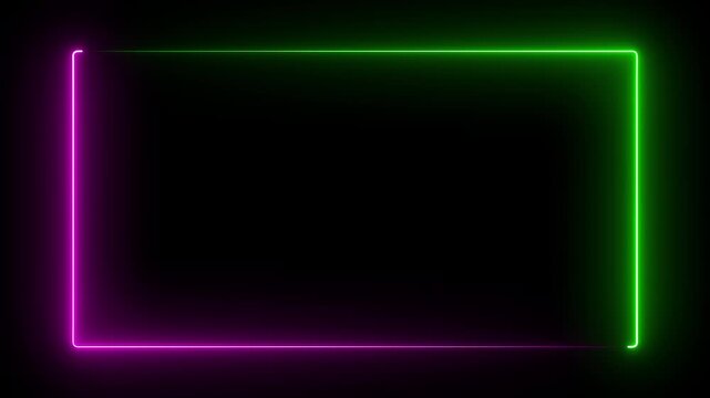 Green pink neon glowing line frame, for digital signage and requiring a vibrant illuminated rectangular outline. 4K video.