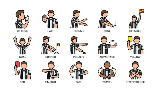 Illustrated soccer referee signals and gestures for game officiating