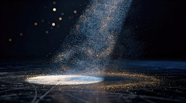 A sparkling beam of light illuminates a circular pattern on a dark surface, with shimmering particles creating a magical and cosmic effect.