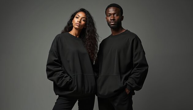 Black male and female models wear matching stylish black sweatshirts. They stand together confidently showing off sleek casual wear. Duo looks trendy and modern.