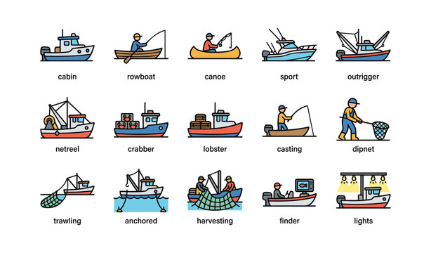 Various fishing boats and activities illustrated with different types and actions
