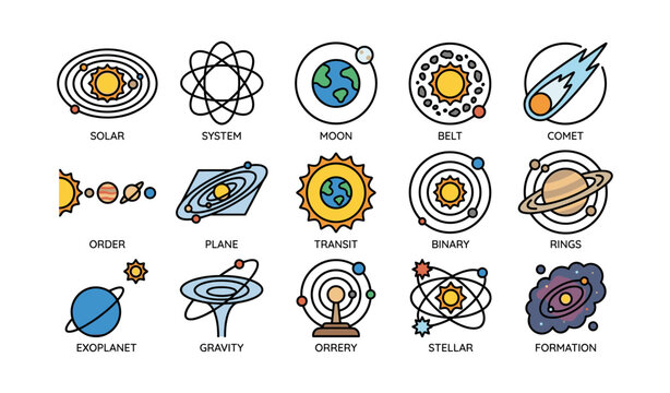 Solar system icons featuring planets, moons, and celestial objects in flat design