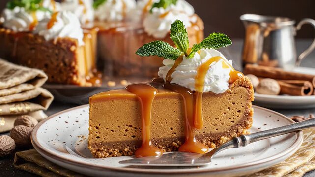 Delicious slice of pumpkin cheesecake with caramel sauce and whipped cream.