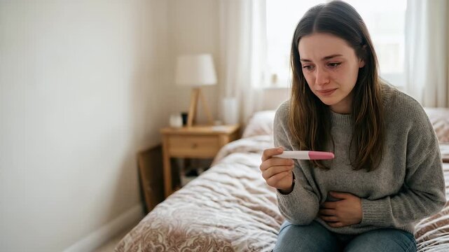 A woman holds a pregnancy test with a hopeful expression, as the camera slowly pans across a softly lit bedroom, creating an emotional, cinematic scene of anticipation and new beginnings.