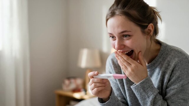 A young woman experiences a moment of joy and surprise while holding a pregnancy test in a softly lit bedroom, with gentle ambient motion and a slow pan, capturing emotional authenticity in a cinemati