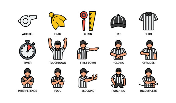 American football referee signals and equipment icons set