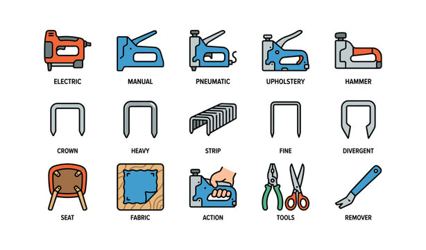 Variety of staple guns and tools for upholstery work illustrated
