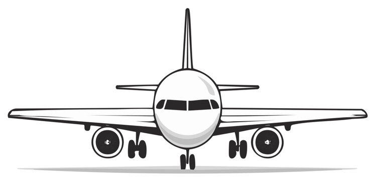 Front view of cartoon style passenger airplane, black and white outline.