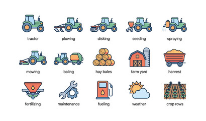 Fototapeta premium Colorful icons of farming equipment and agricultural activities