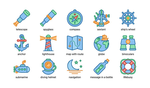 Nautical exploration icons set featuring telescope compass anchor and globe