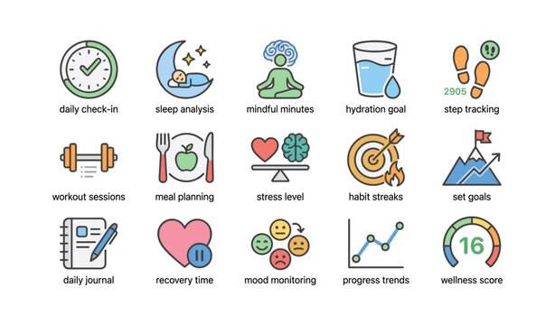 Icons illustrating wellness habits and health tracking for holistic wellbeing