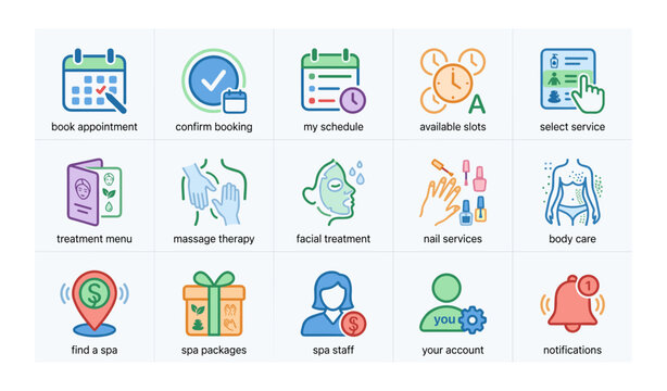 Spa booking management icons for appointments and services