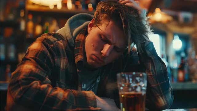A man sits alone in a bar, sipping on a beer, his face showing exhaustion and frustration.