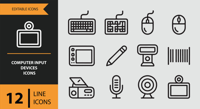 12 Computer Input Devices Icons outlne icon set. user input peripherals typing control devices outline icons