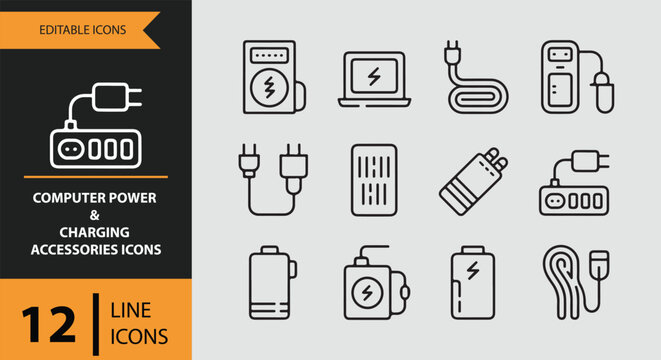 12 Computer Power and Charging Accessories Icons outlne icon set. energy supply charging equipment pc power outline icons