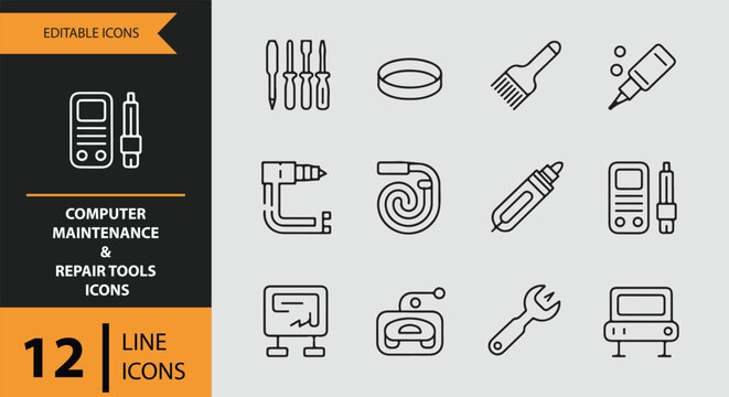 12 Computer Maintenance and Repair Tools Icons outlne icon set. technical repair toolkit hardware service outline icons