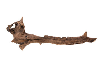 Fototapeta premium Driftwood aged wood isolated on white background. Piece of driftwood driftwood close up for aquarium.