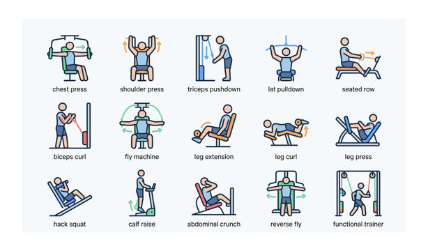Fitness equipment workout icons featuring various exercise machines