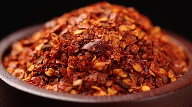 Slowly rotating wooden bowl of coarse chili flakes on a black background, Thai food ingredient.