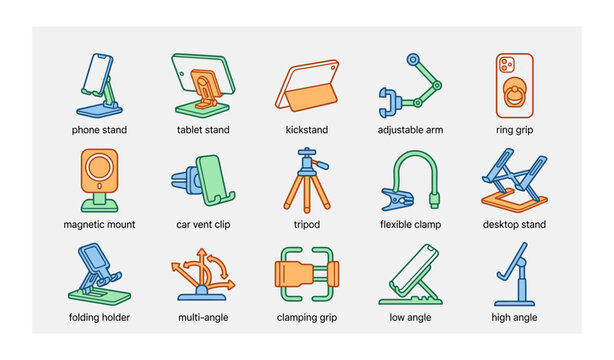 Phone and tablet stands with tripods and clamps for versatile device support