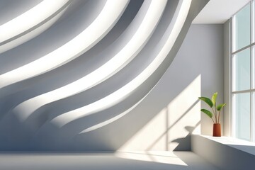 Fototapeta premium Minimal interior with abstract shadow patterns on wall from window light and potted plant