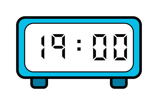 image of a blue digital clock with 19:00 on a white background