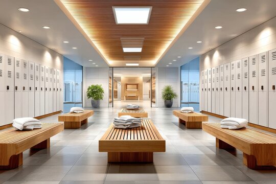Clean modern locker room with wooden benches and lockers in spa and gym facility