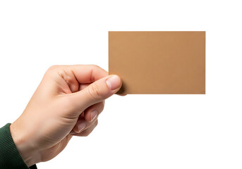 Fototapeta premium Person hand holding a blank brown craft paper business card against a white background with business template identity corporate branding cardstock presentation professional isolated recycled