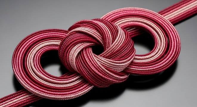 Elegant decorative knot made of braided red and pink cord, traditional japanese style accessory for kimono or gift wrapping