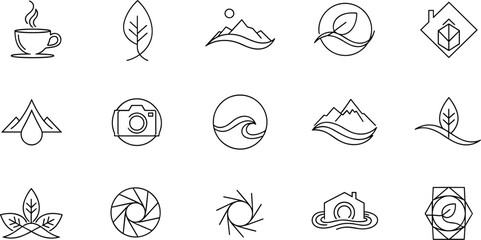Obraz premium Minimal nature and landscape line icons set with mountains leaves waves camera and eco symbols modern outline vector illustration collection design