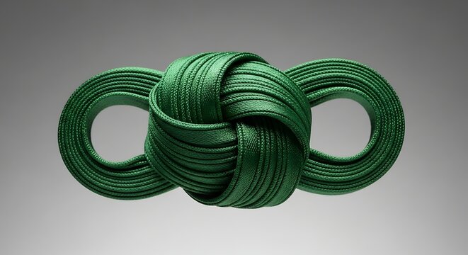 A green decorative knot made of braided cord, tied in a symmetrical infinity shape, isolated against a neutral grey background