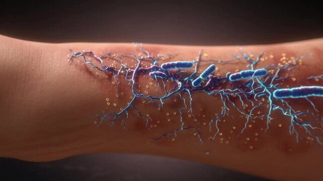 Microscopic view of pseudomonas aeruginosa bacteria infecting a human skin wound, showing bacterial colonies and inflammatory response