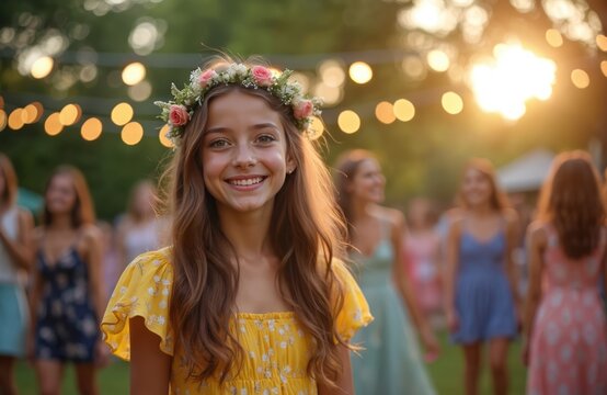 Young girl in yellow dress wears flower crown smiling happily. Friends in summer dresses gathered outdoors for celebration. Festive lights glow in background.