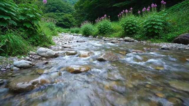 Forest stream with rocks.