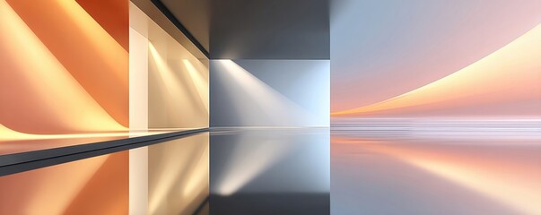Fototapeta premium Minimal glossy interior with soft light reflections and pastel gradient horizon