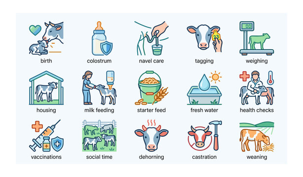 Illustrated stages and practices in calf rearing and health management