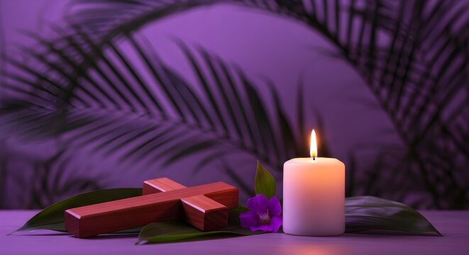 A solemn depiction of a lit candle a red cross and palm leaves evoking themes of faith sacrifice and remembrance