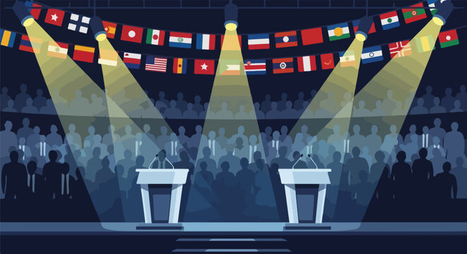 International political debate stage with podiums and world flags, global summit conference arena with spotlights, crowd silhouettes at diplomatic event