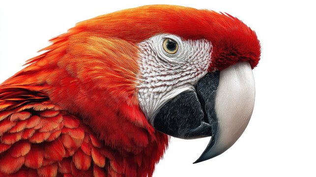 Close-up of vibrant red parrot with white face and black beak