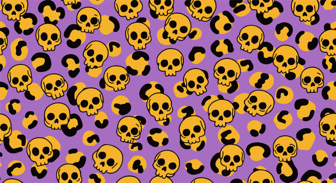 Halloween leopard print seamless pattern with skulls, spooky animal print background in purple and orange, gothic skull repeat vector for textiles