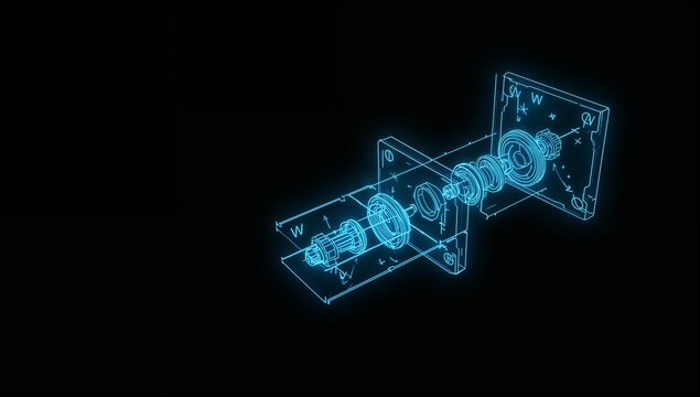 Holographic Digital Blueprint of Mechanical Components in 3D View