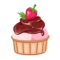 Ice cream with two scoops and chocolate topping, strawberries and mint leaf in a waffle cup. Summer sweet dessert. Illustration isolated on white background. © Peviotadesign