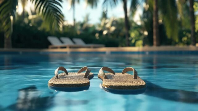 Two flip-flops next to each other in the blue water of a resort pool, with lounge chairs and tropical atmosphere.